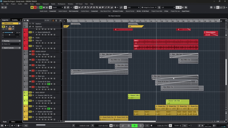 screenshot of a trailer sound design project file in cubase